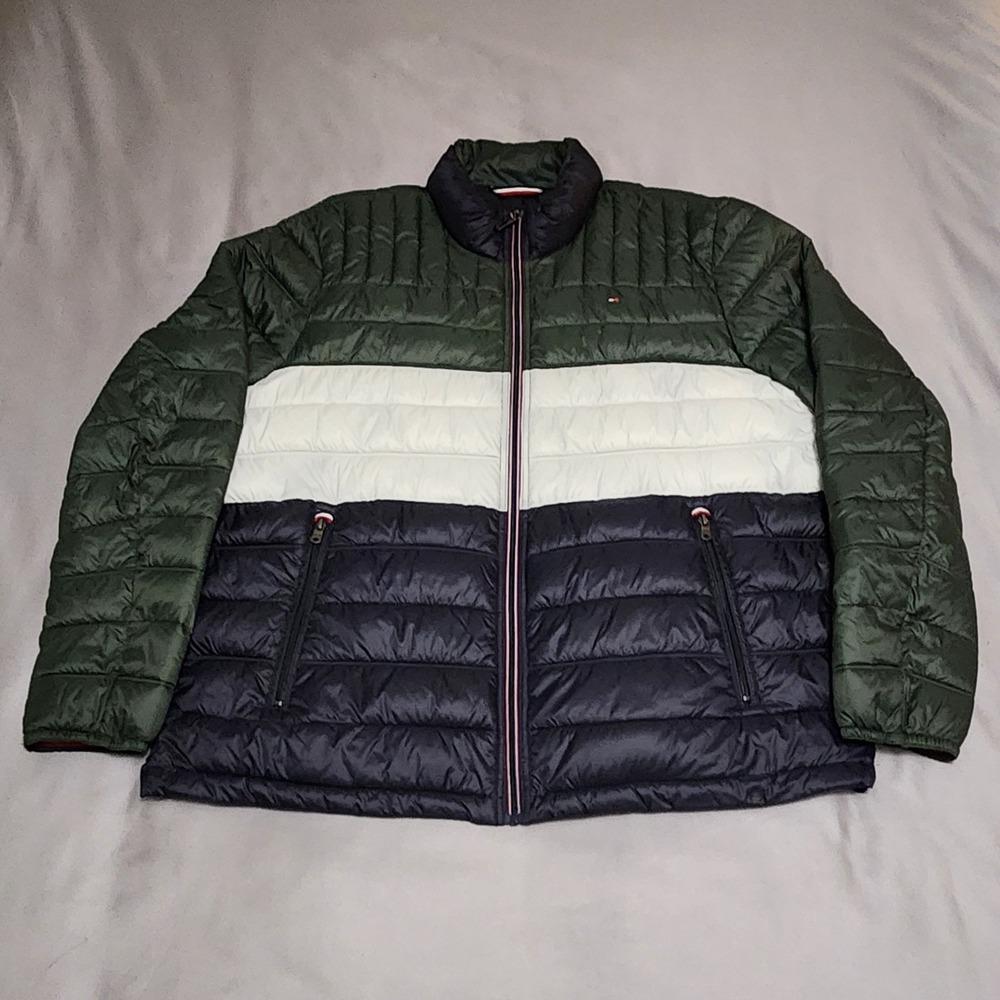 Tommy Hilfiger Mens XXL Packable Puffer Jacket Green White Navy Blue Colorblock